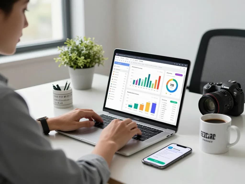 Ezzocard virtual payment review in modern office setting with charts and app notifications.