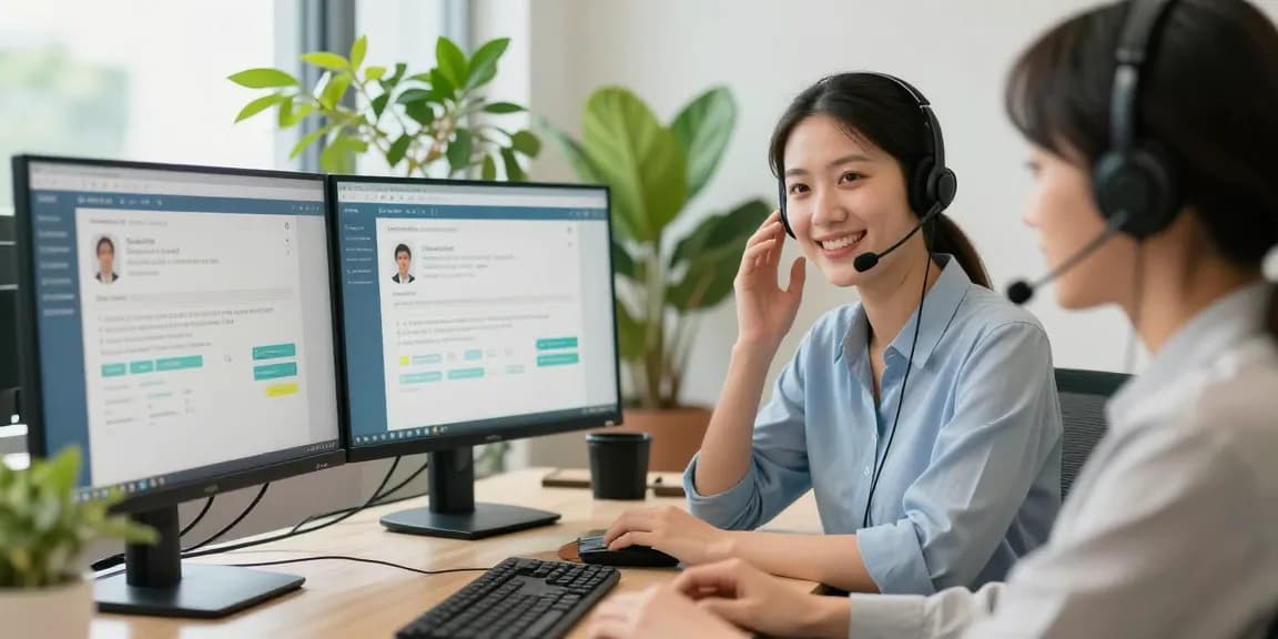 Atención al cliente de telefono etb en oficina moderna con representante amable.