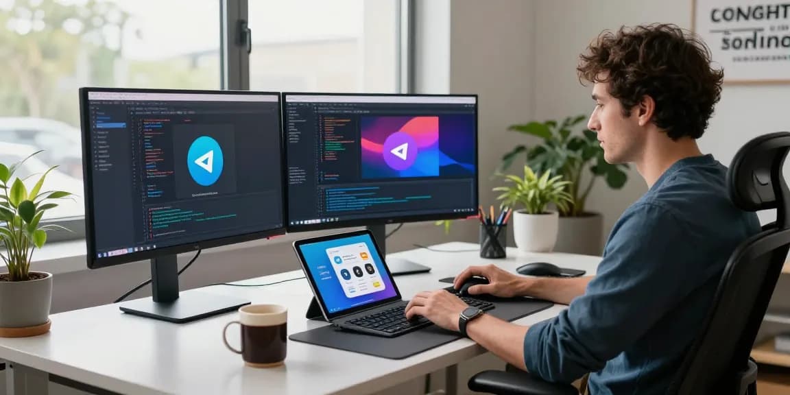 Enhance your experience with Telegram Download in a modern workspace featuring coding and technology.