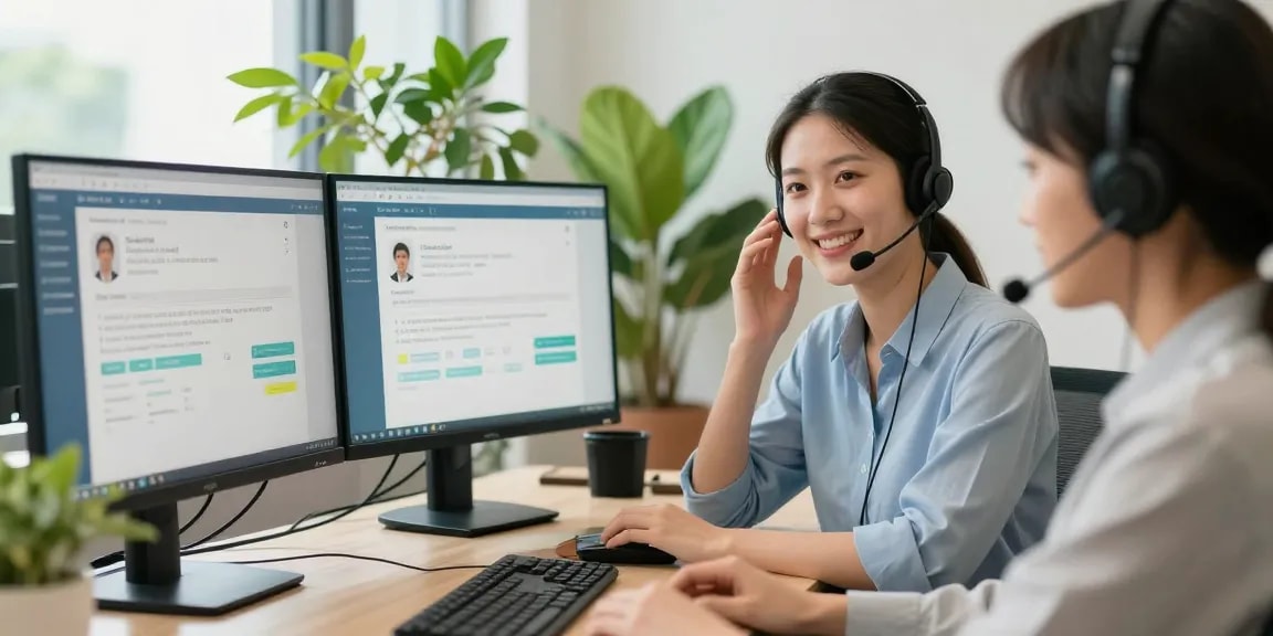 Atención al cliente de telefono etb en oficina moderna con representante amable.