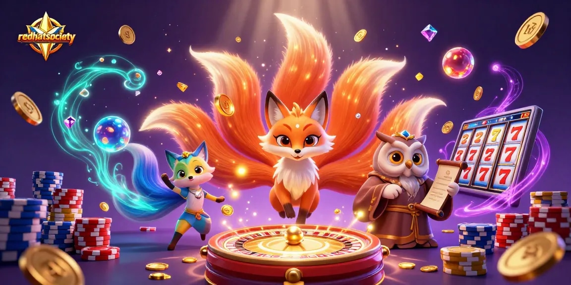 Spin the reels with redhatsociety's enchanting nine-tailed fox in a vibrant casino scene.