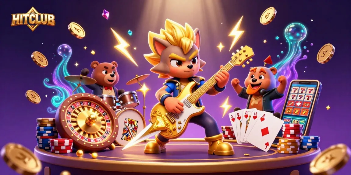 Engage with HITCLUB's thrilling casino atmosphere featuring a rock star wolf and drummer bear amid coins and gaming elements.