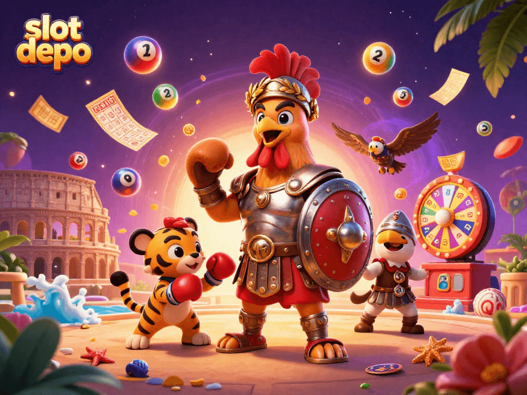Win big with slot depo in this exciting 3D casino scene featuring a dynamic gladiator rooster.