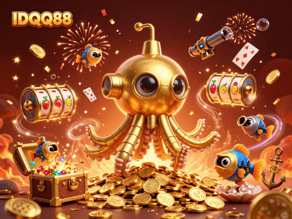 IDQQ88 brings exciting slot treasures to life amidst a treasure-filled sea in this imaginative 3D rendering.