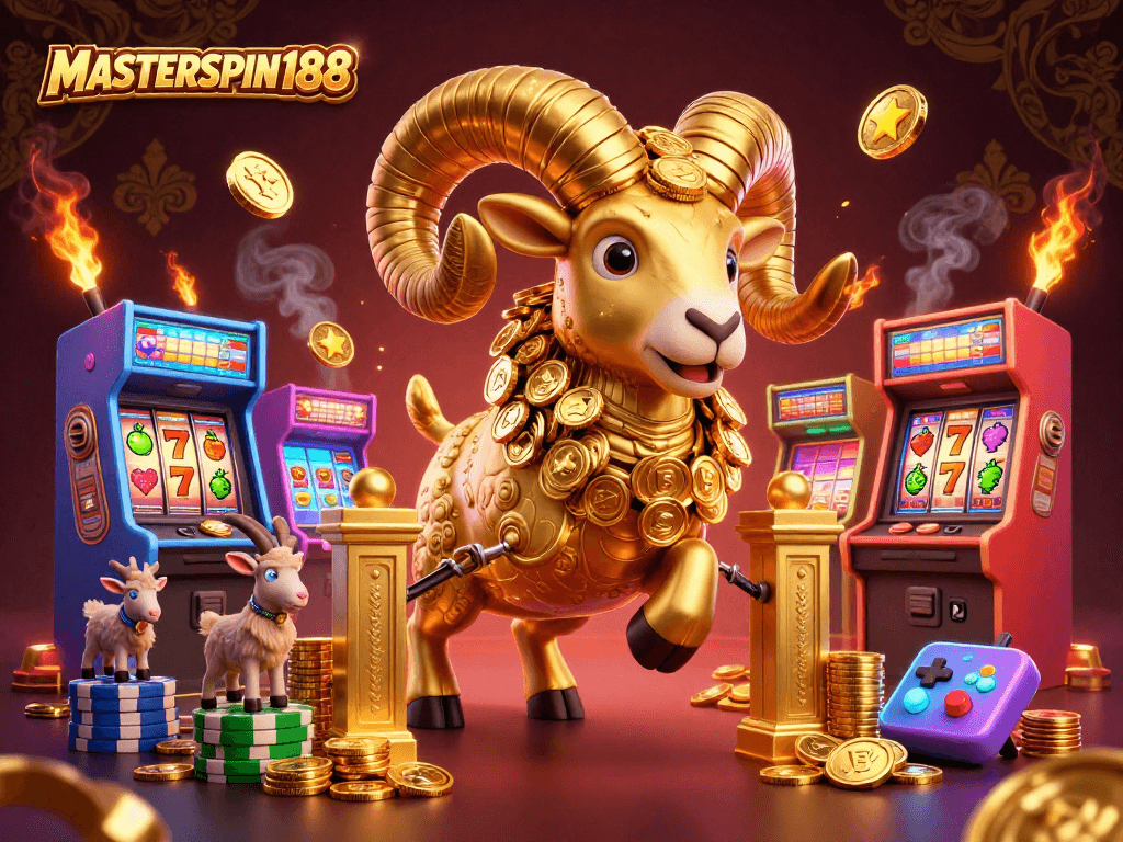 Engage in thrilling gameplay at MASTERSPIN188 as the golden ram charges through a vibrant casino scene.