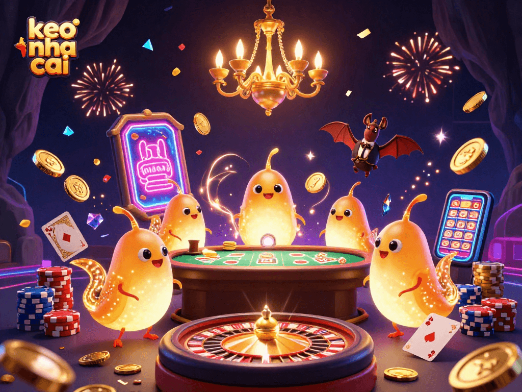 Experience the excitement of keo nha cai with glowworms illuminating a vibrant casino scene.