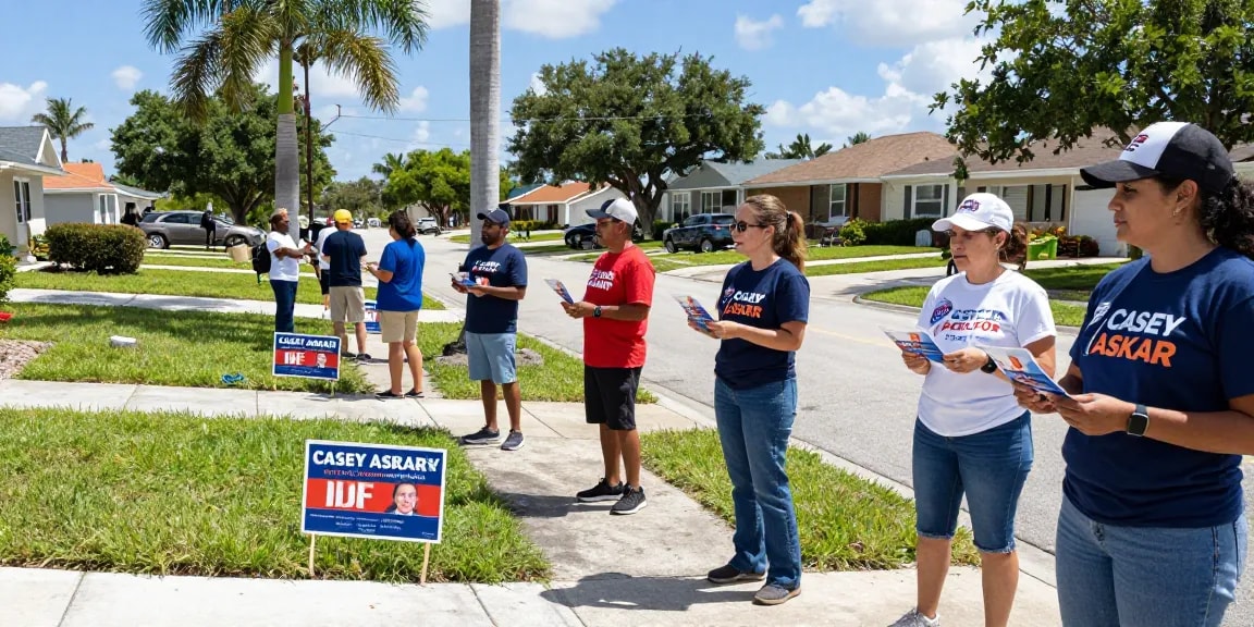 Community volunteers campaigning for Casey Askar in Florida neighborhood during bright day.