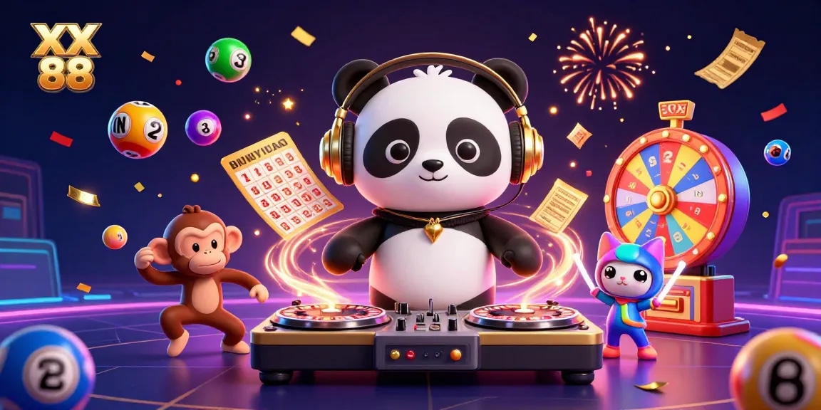 Experience XX 88 thrills with a DJ panda, dancing monkey, and kitten in a vibrant casino scene.