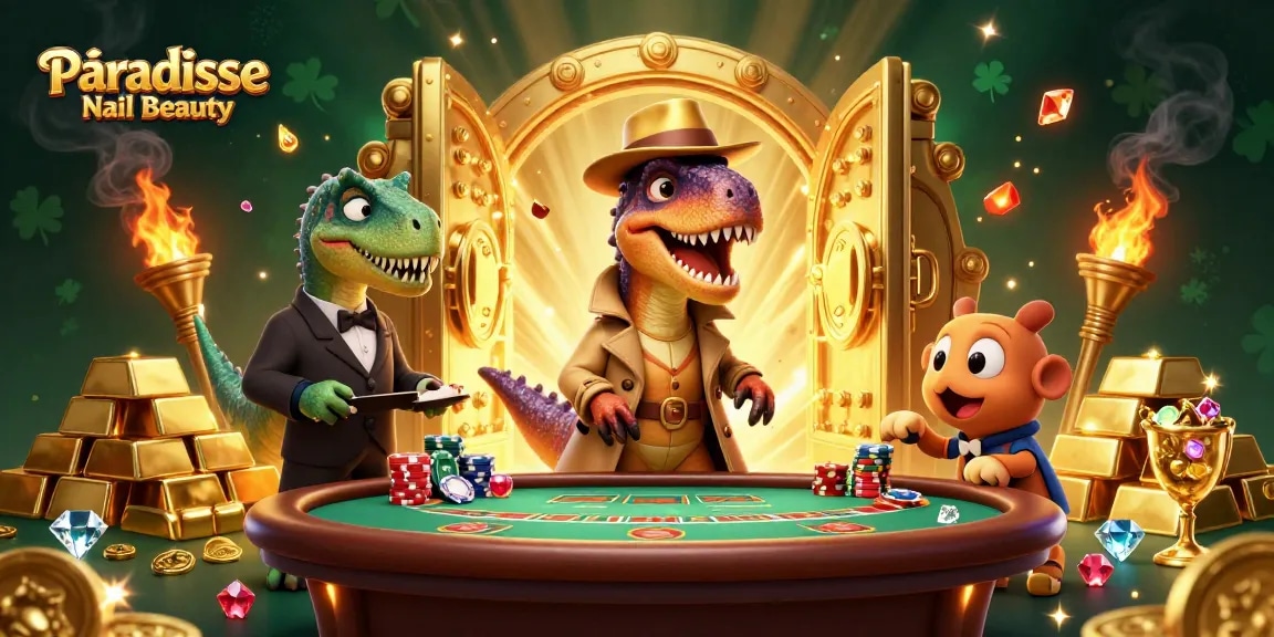 Experience the thrill of Paradise Nail Beauty with a cartoon velociraptor engrossed in blackjack.