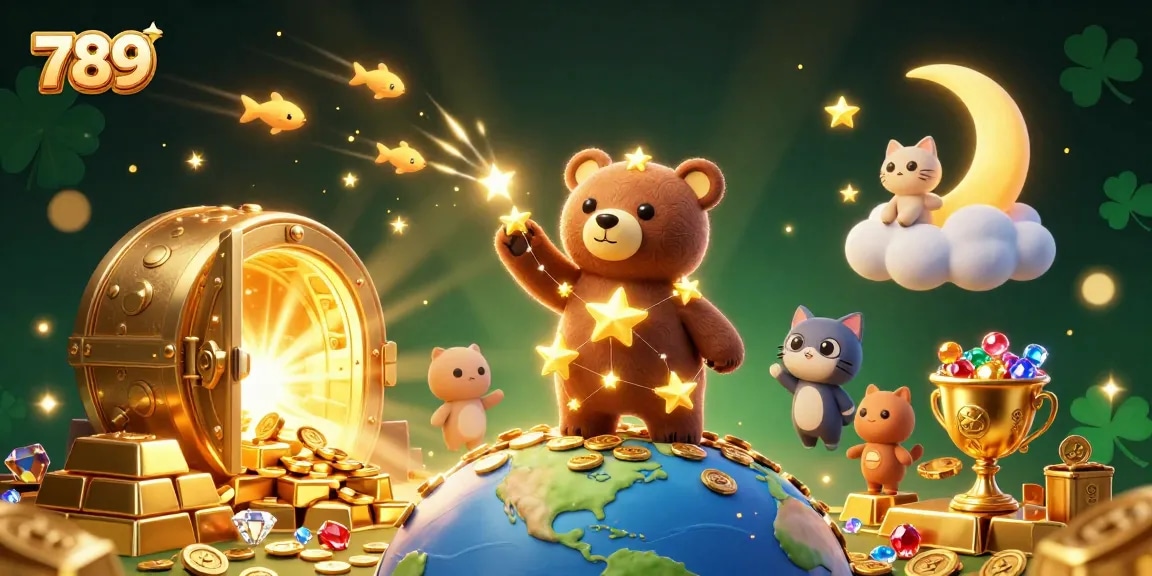 Win big in 789's exciting casino world, featuring golden treasures and 3D cartoon characters in action.