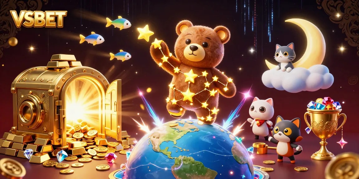 Experience winning excitement with VSBET's vibrant 3D casino-themed scene filled with treasures.