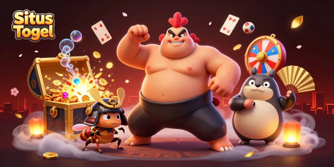 Situs Togel showcases a dynamic scene with a powerful sumo rooster, fierce samurai cricket, and tanuki announcer amidst colorful game elements.