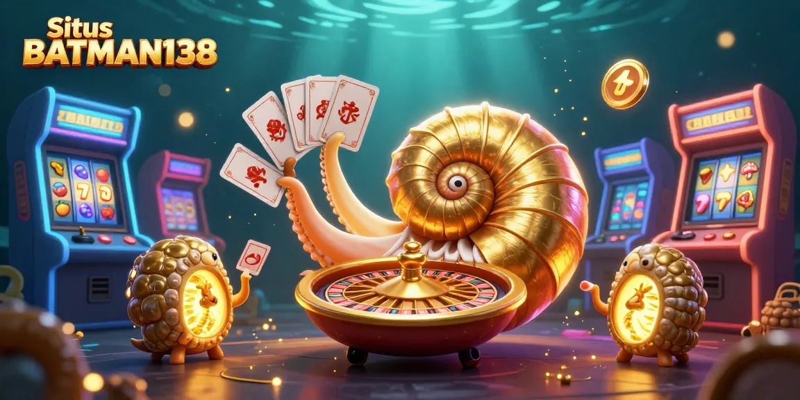 Situs BATMAN138 features an ancient nautilus roulette wheel surrounded by colorful arcade machines and slot elements in a dynamic gaming scene.