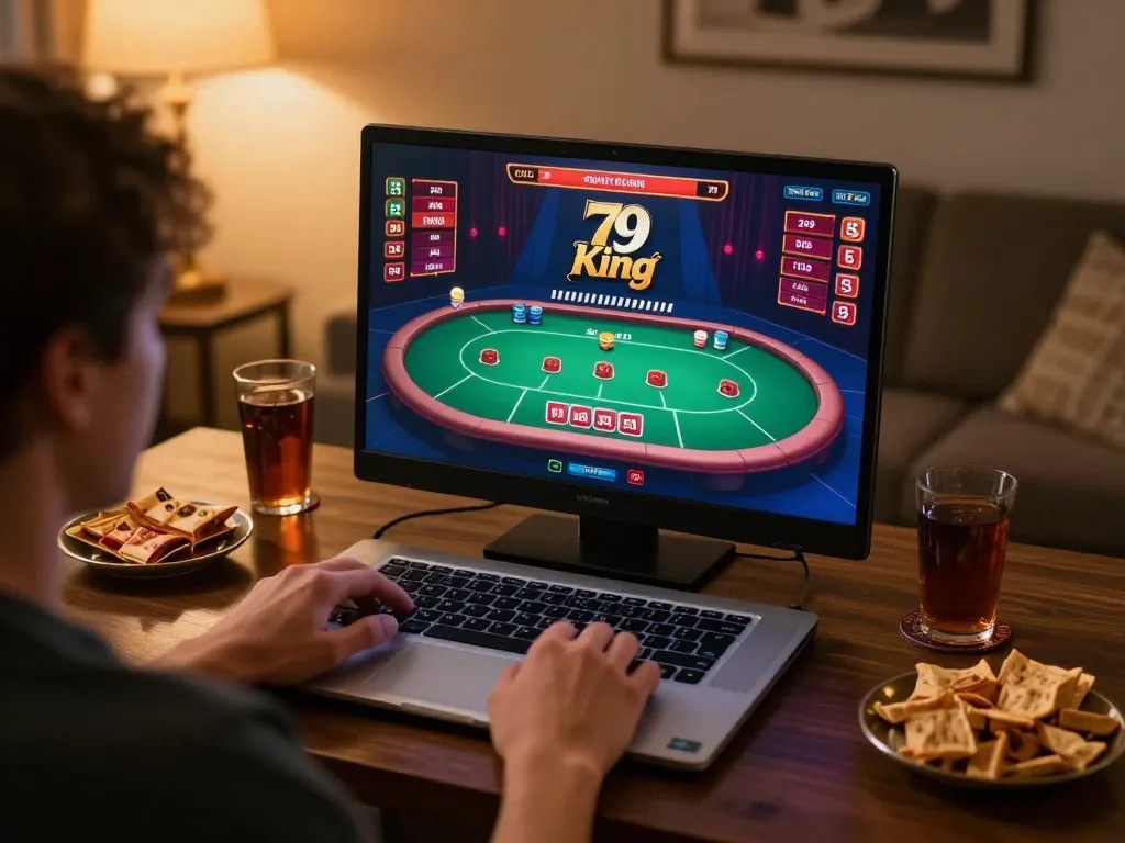Engaging online gaming session at home with 79king logo displayed during live dealer poker game.