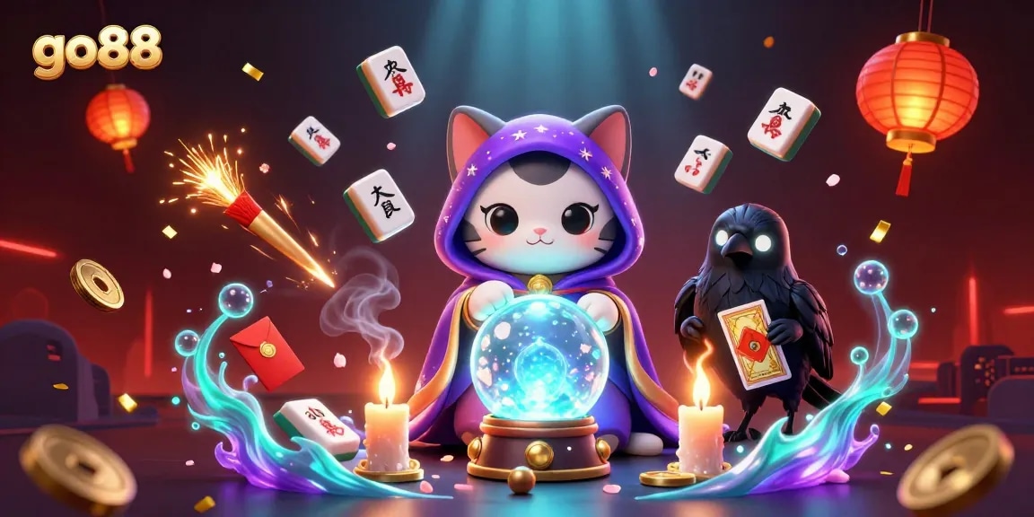 Go88 introduces thrilling gameplay with a mystical fortune teller cat and animated elements in a vibrant casino scene.