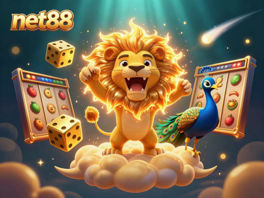 Engage with net88's thrilling slots scene featuring a roaring lion, golden dice, and vibrant jackpots.