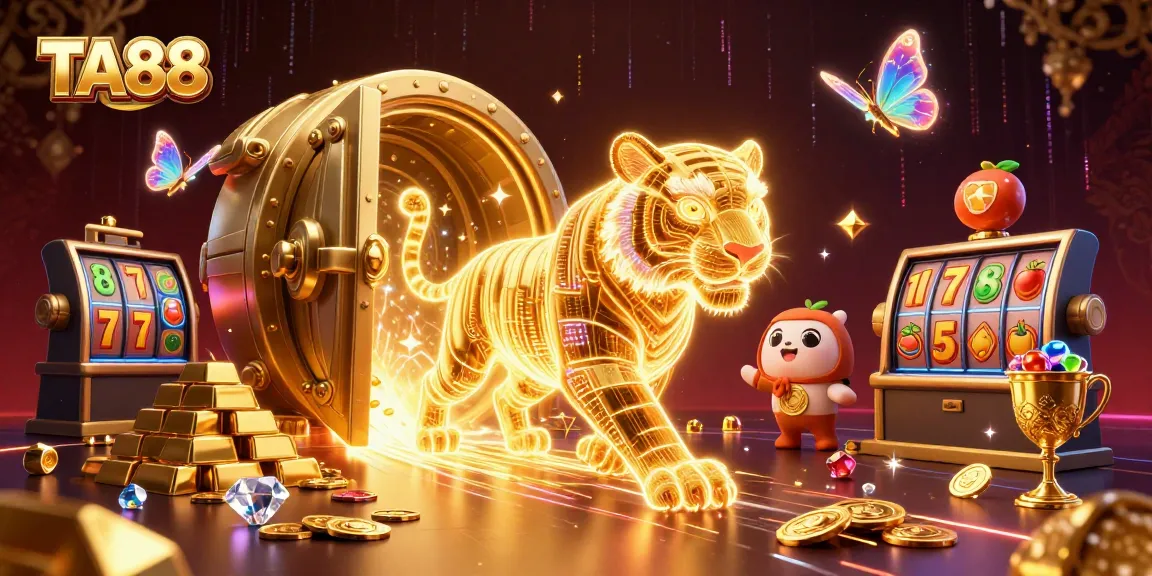 Engage with TA88's thrilling casino atmosphere, featuring a neon tiger and vibrant game elements.