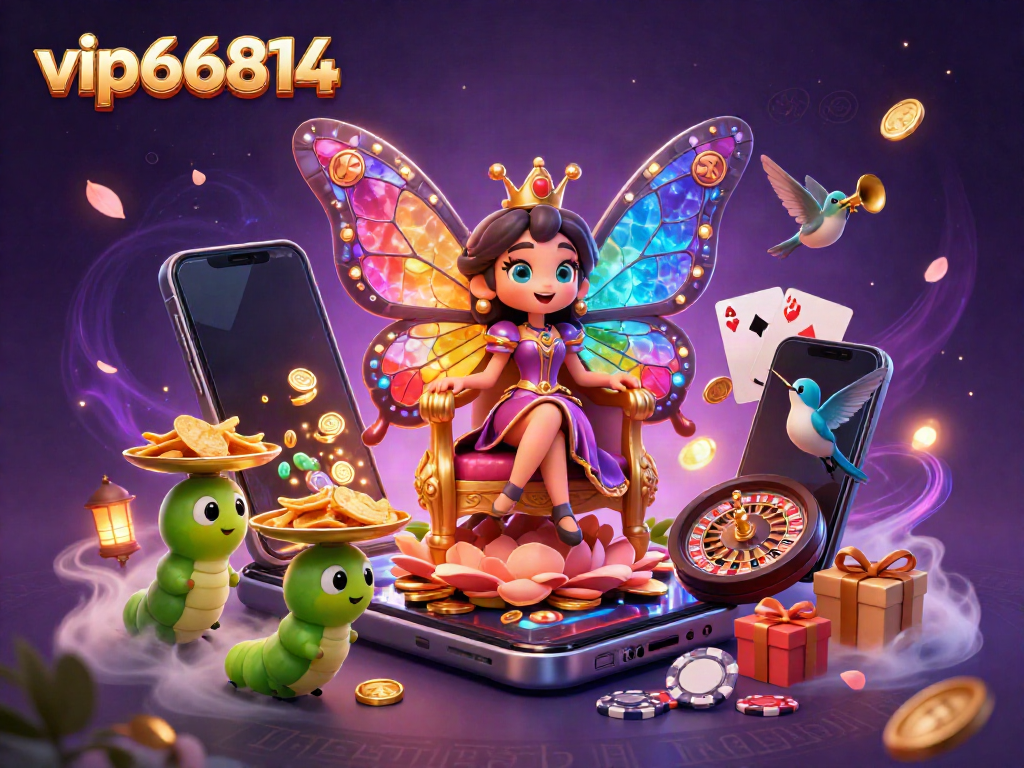 Experience the vibrant energy of vip66814 with a magical 3D casino illustration featuring a butterfly queen and game elements.