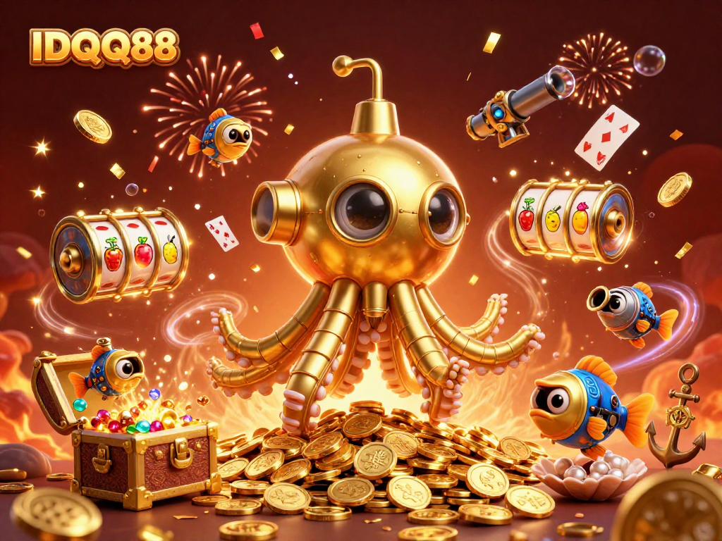 IDQQ88 brings exciting slot treasures to life amidst a treasure-filled sea in this imaginative 3D rendering.