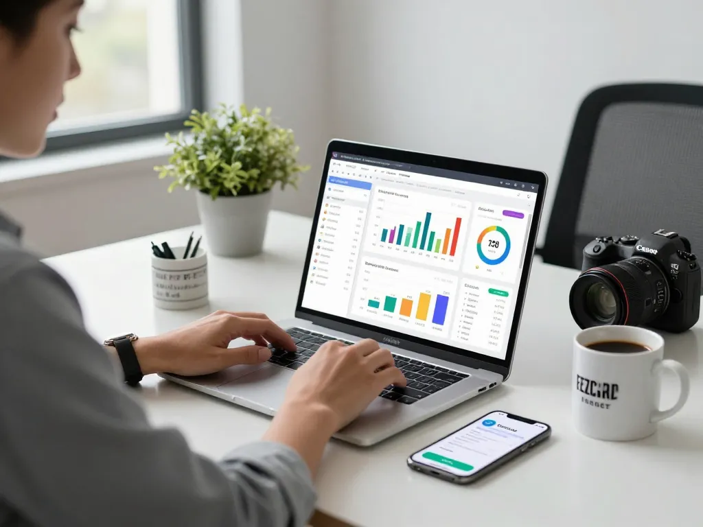 Ezzocard virtual payment review in modern office setting with charts and app notifications.
