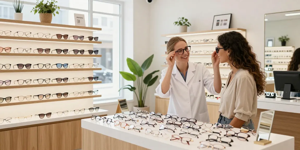 Customer trying on stylish oculos de grau with optician in a bright eyewear shop.