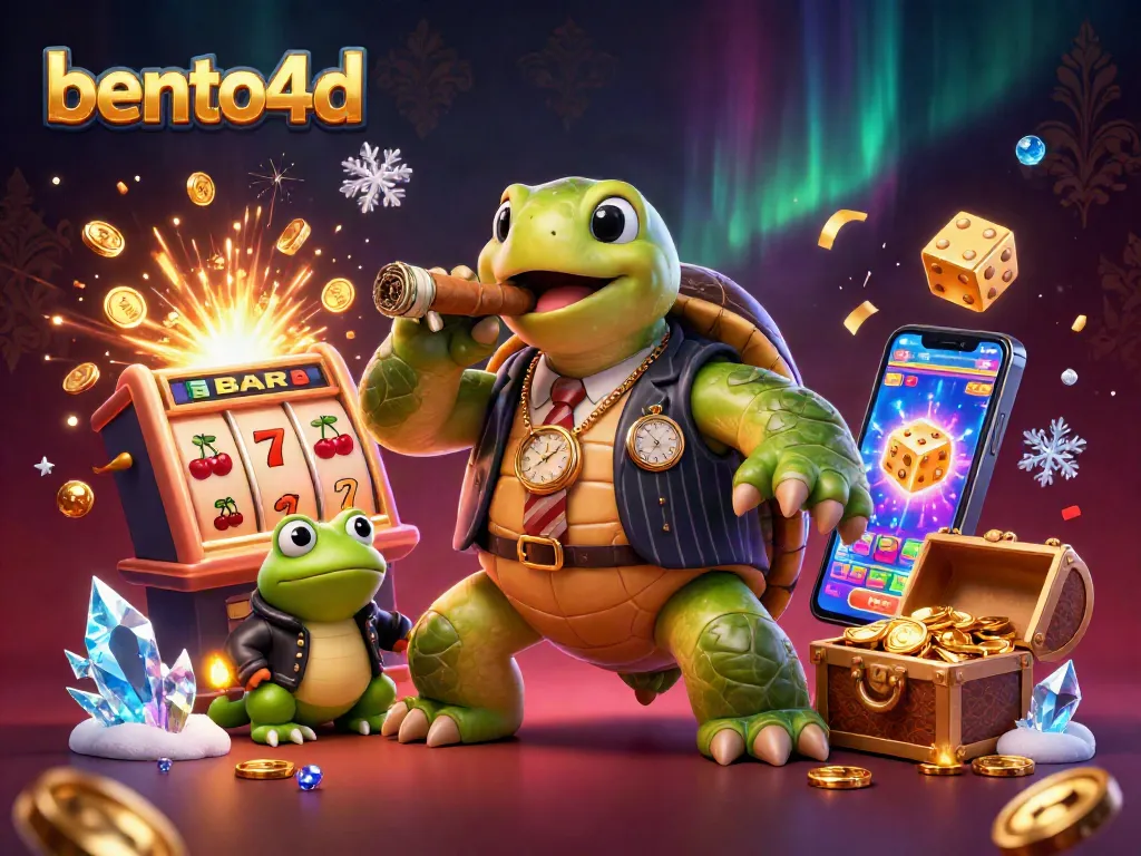 bento4d showcases a vibrant casino scene with a snapping turtle in a mobster suit, surrounded by exciting gaming elements.