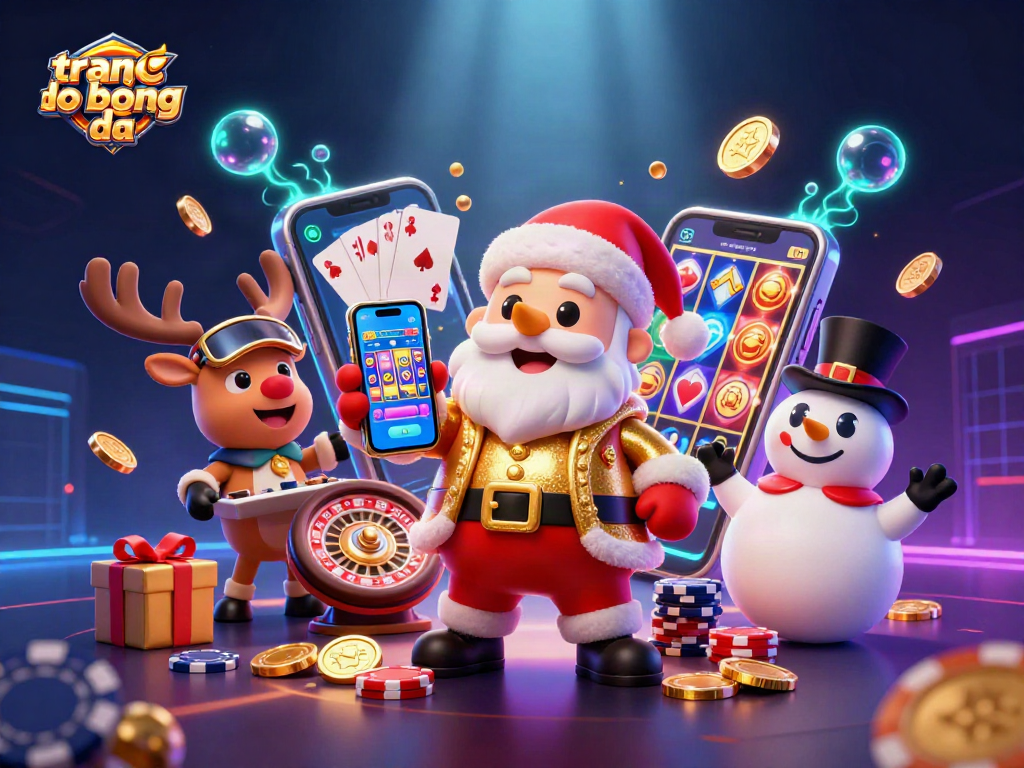Các trang cá độ bóng đá như "trang ca do bong da" với ông già Noel, tuần lộc và người tuyết trong casino tươi sáng.