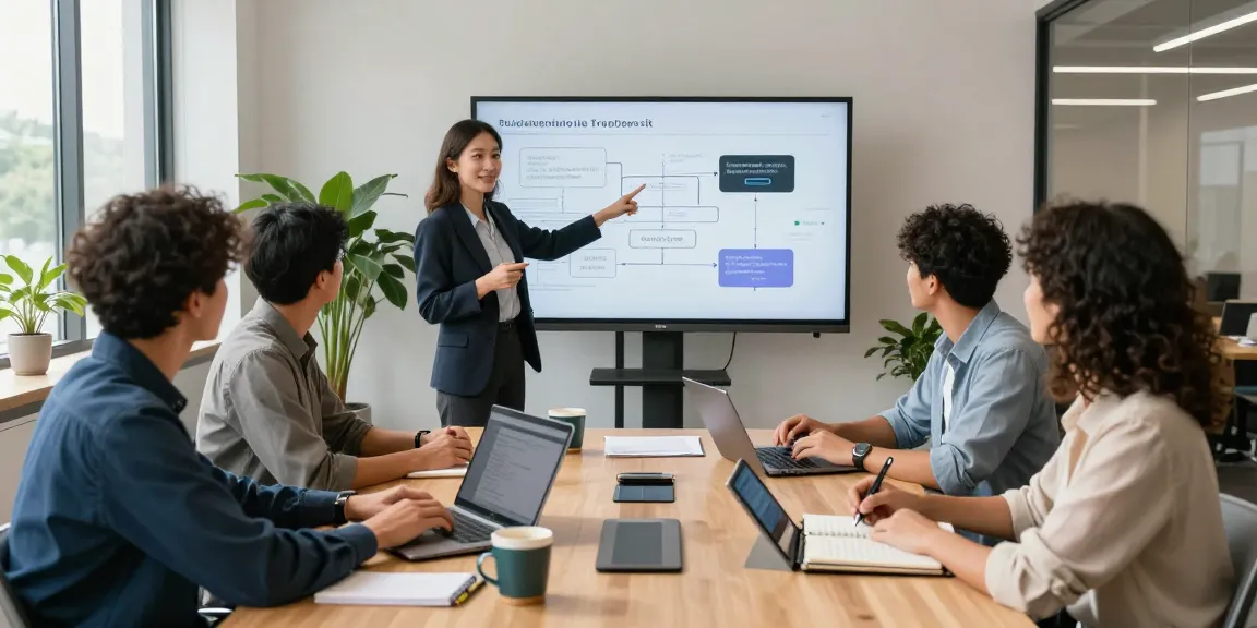 Team collaborating to build internal tools with AI in a modern office.
