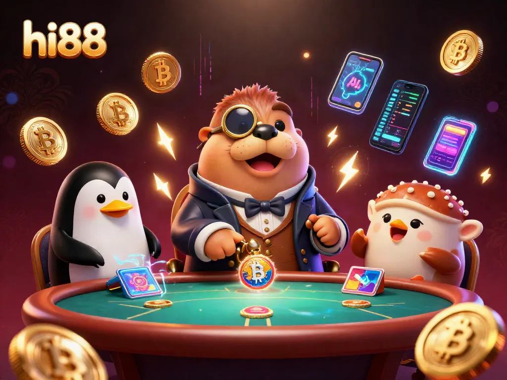 Hi88 showcases a vibrant poker scene with a walrus, penguin dealer, and bluffing pufferfish, emphasizing fun.