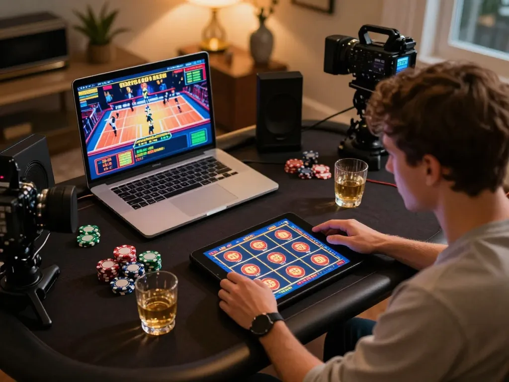 Player engaging in online slots at home via hay88x tablet, showcasing vibrant casino atmosphere.