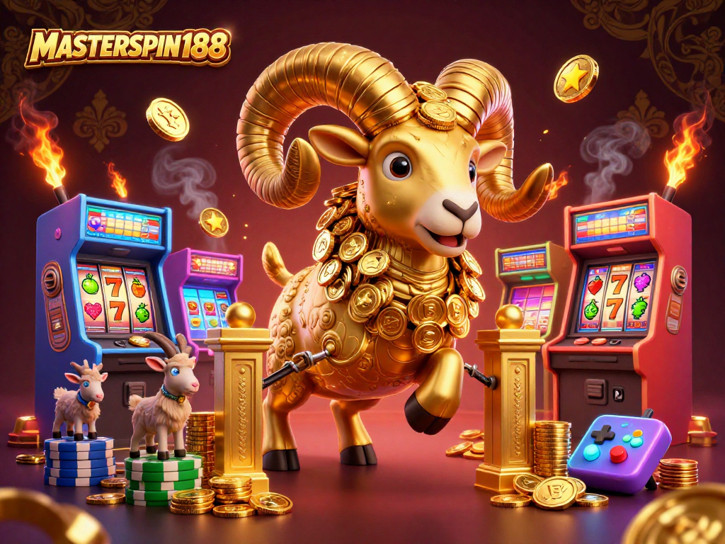 Engage in thrilling gameplay at MASTERSPIN188 as the golden ram charges through a vibrant casino scene.