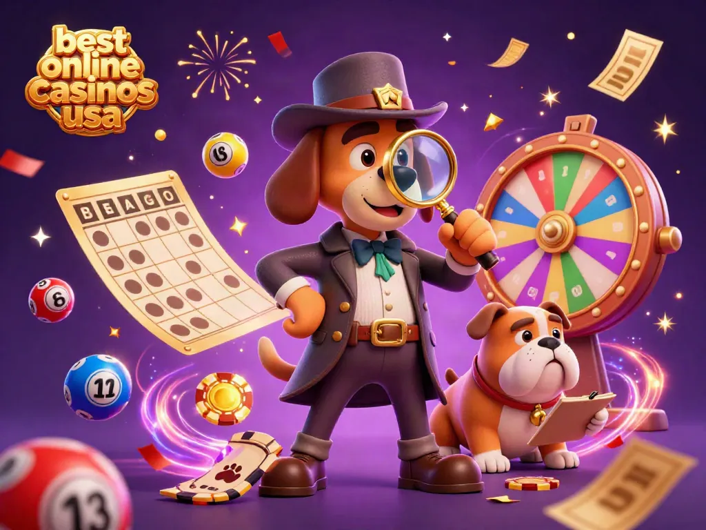 Examine clues for the best online casinos usa with a detective and companion in a festive casino scene.