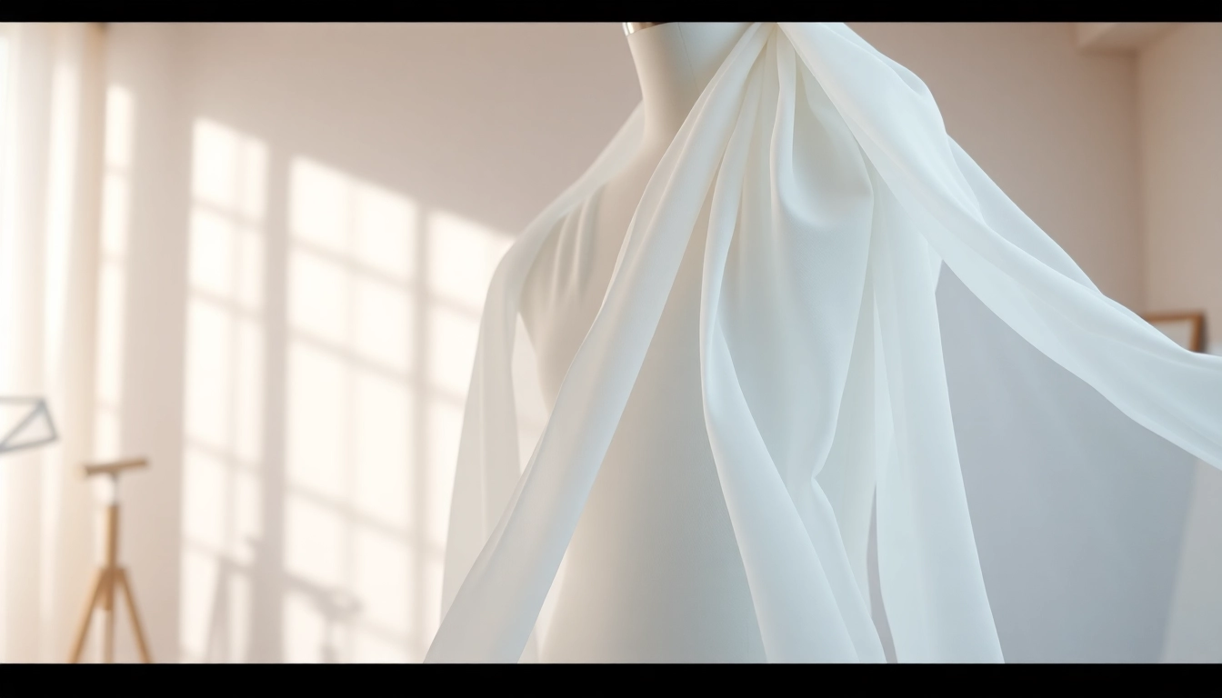 Chiffon stof elegant op een mannequin met zachte texturen en een rustige achtergrond.