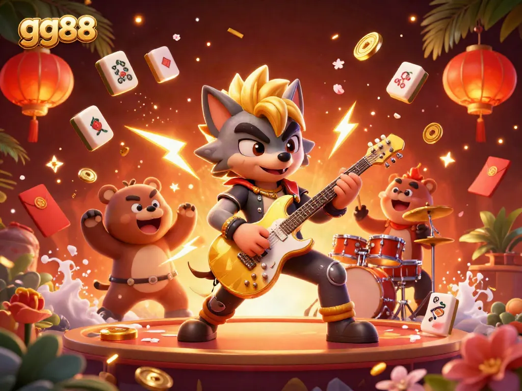 Experience thrilling action at gg88 with a dynamic 3D illustration of a rock star wolf and drummer bear on a vibrant casino stage.