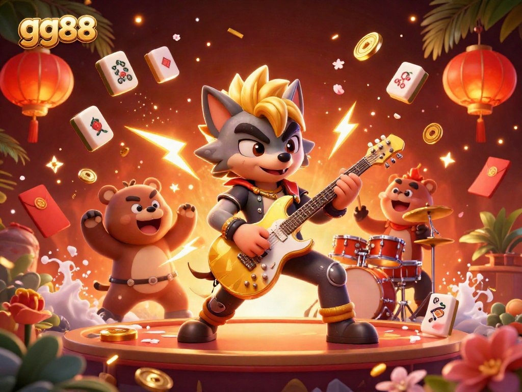 Experience thrilling action at gg88 with a dynamic 3D illustration of a rock star wolf and drummer bear on a vibrant casino stage.