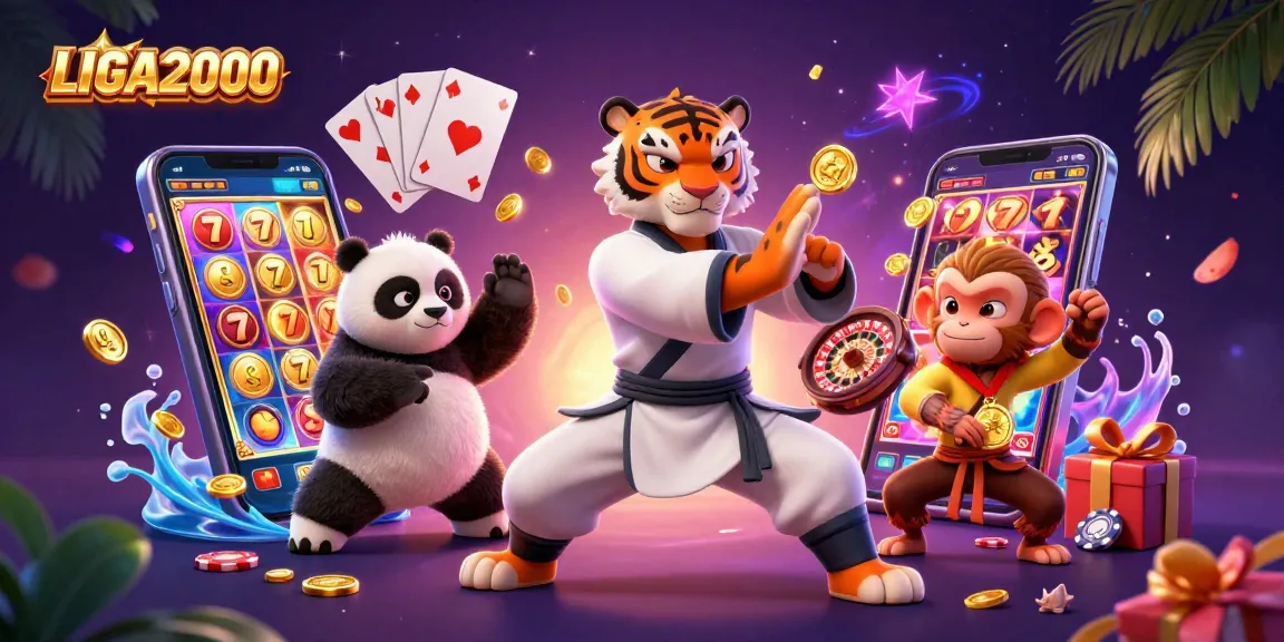 LIGA2000 slot dengan mahir menampilkan seekor harimau kung fu dan panda yang bersiap untuk jackpot, dengan elemen kasino yang cerah.