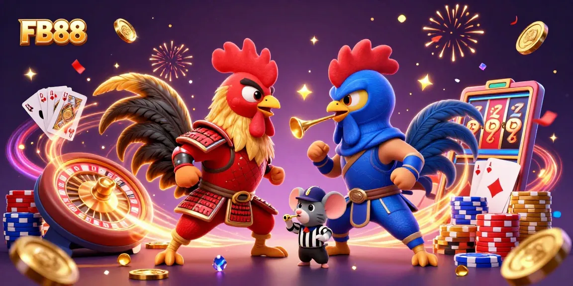 Engage in exciting games at FB88 featuring twin roosters in combat amidst a vibrant casino backdrop.