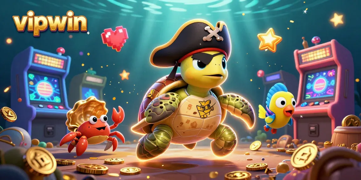 Engage with vipwin’s vibrant casino universe featuring a cartoon pirate turtle, lively gameplay, and exciting treasures.