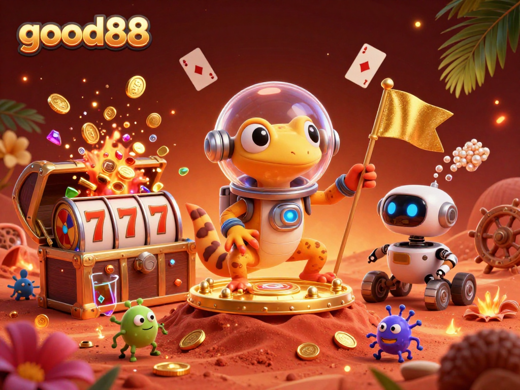 Experience the thrill of good88 with a 3D Martian gecko discovering a buried casino filled with treasure.