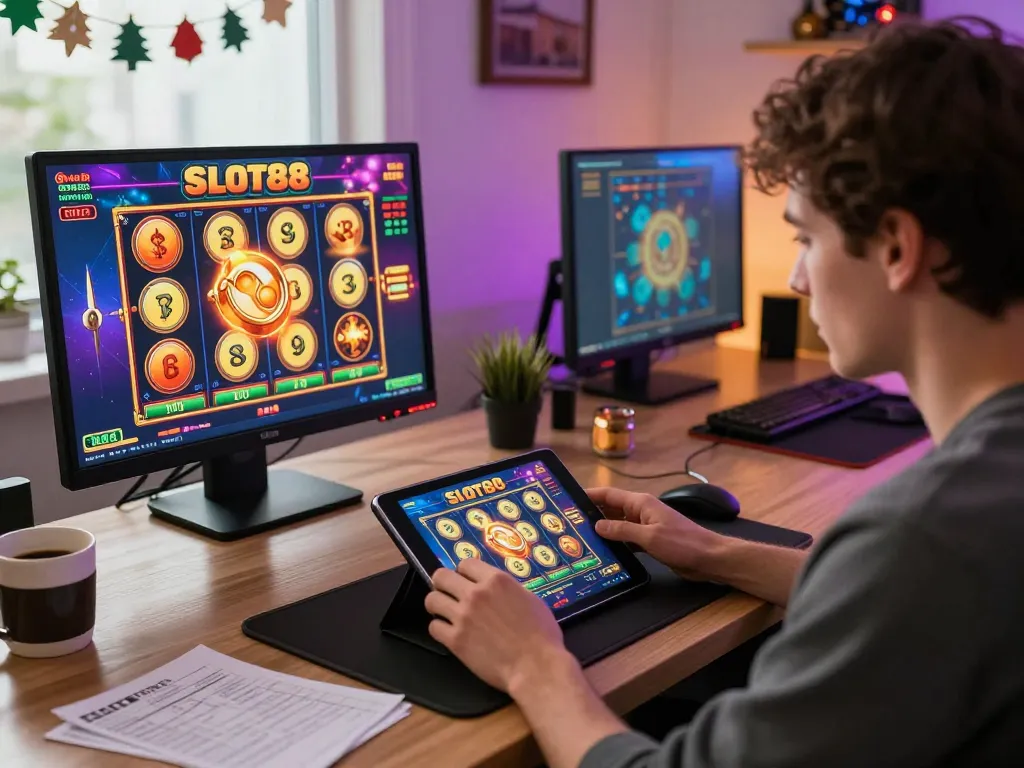 Engaging in SLOT88 gameplay on a tablet at home with vibrant visuals and strategic notes.