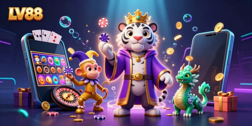 Experience the thrilling LV88 online slots with dynamic characters, spinning jackpots, and vibrant casino elements.