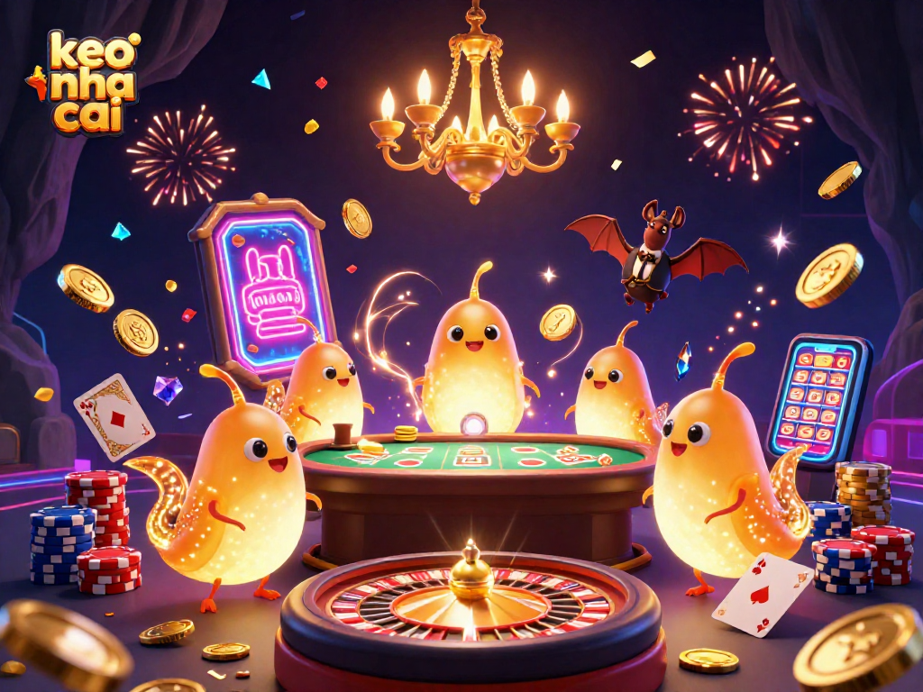Experience the excitement of keo nha cai with glowworms illuminating a vibrant casino scene.