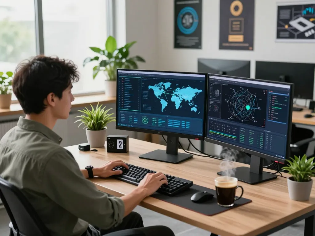 快连 technology workspace with developer optimizing network performance surrounded by advanced technical displays.