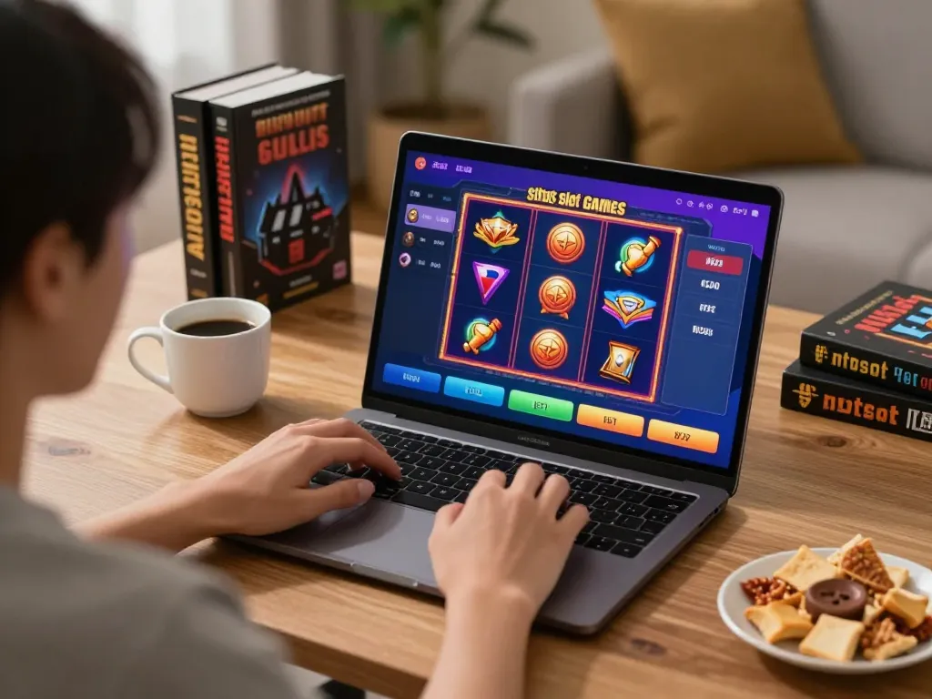 Engaging in situs slot games on a laptop at home, colorful icons, focused atmosphere