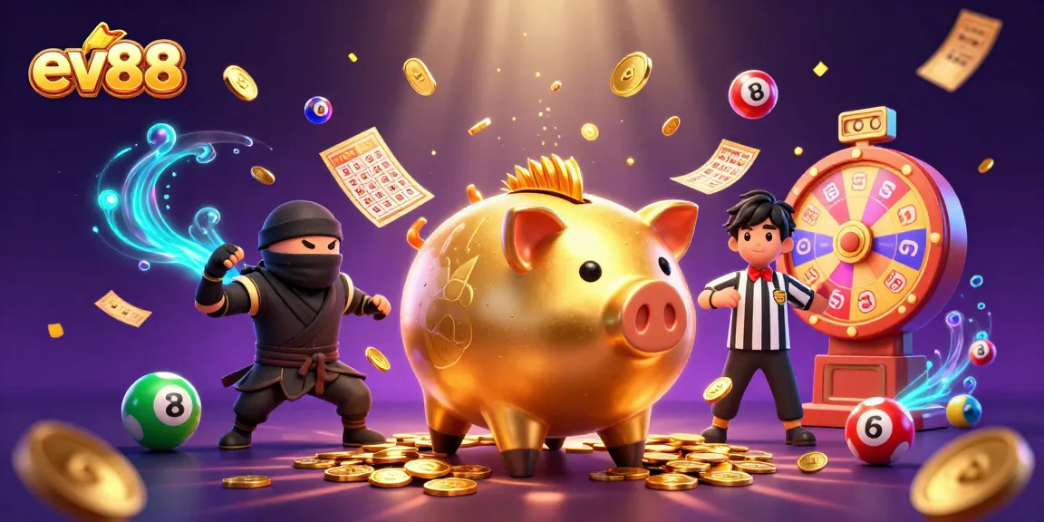 Celebrate big wins with ev88's vibrant gaming experience featuring a golden piggy bank sumo wrestler.
