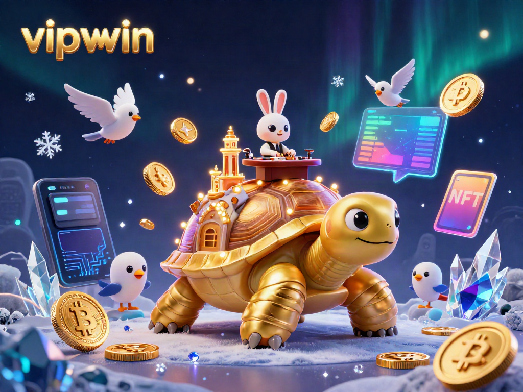 Experience the vibrant online gaming world of vipwwin with a whimsical golden tortoise casino illustration.