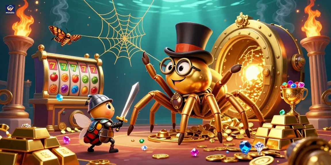 situs slot gacor showcases slot reels and a golden spider weaving treasures in a captivating casino scene.