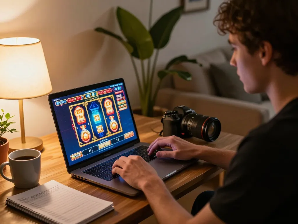 An engaging moment of online gaming on 8kbet16, showing a player focused on a laptop while enjoying a cozy home setting
