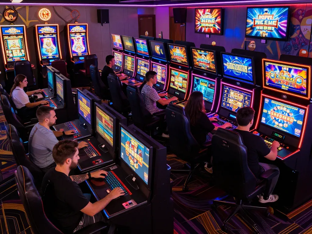 Players engaging with digital interfaces showcasing link resmi in a vibrant online casino setting