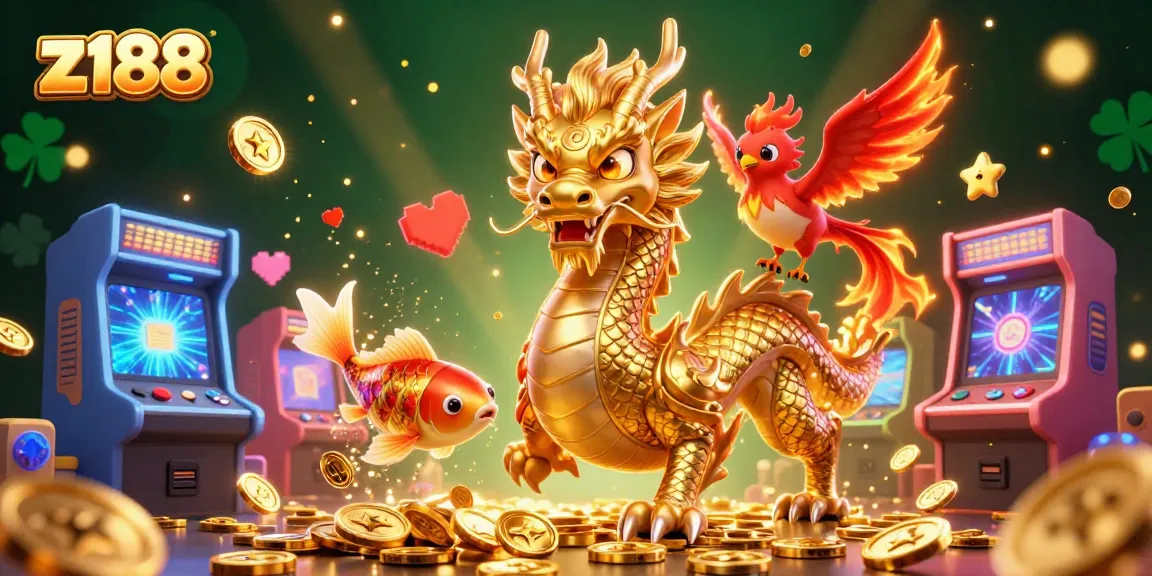 Experience thrilling gameplay at z188 with a fierce dragon and phoenix amid vibrant casino elements.